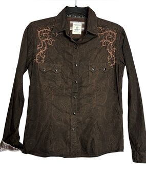Panhandle Slim Embroidered Cotton Long Sleeve Western Snap Button Shirt Brown-XS
